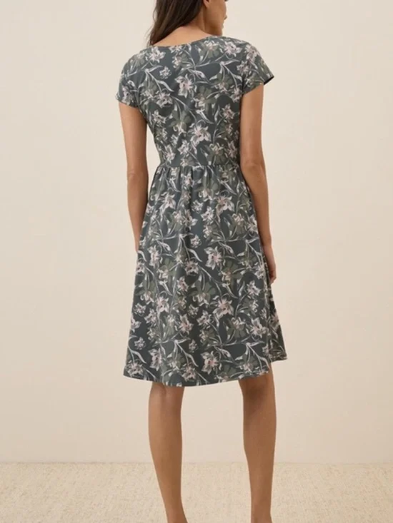 Pact Organic Fit & Flare Crossover Dress Size Small Vineyard Floral Castor Gray - Picture 3 of 16